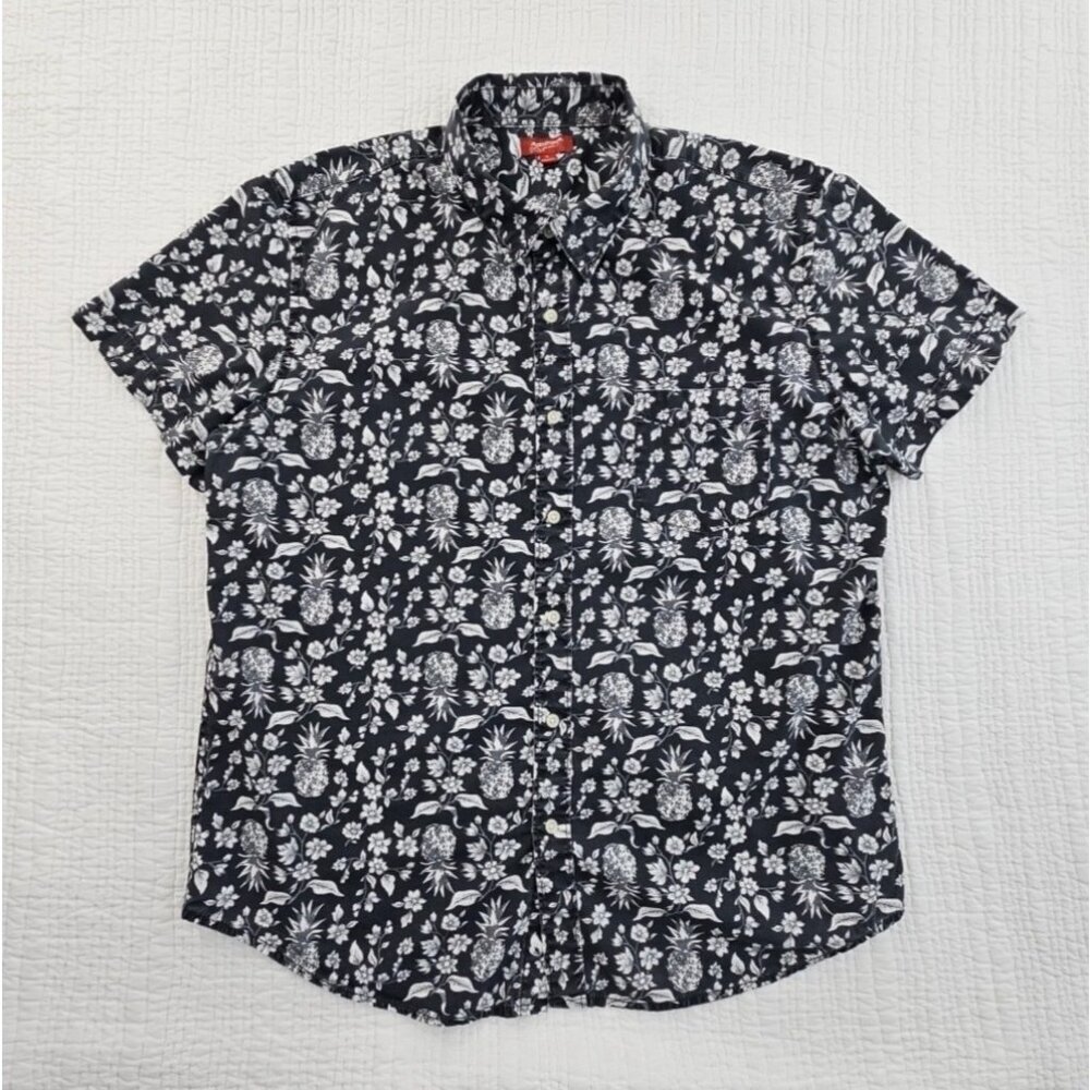Arizona Jeans Men's Hawaiian Shirt XL Aloha Floral Black Button Up‎ Pineapples
